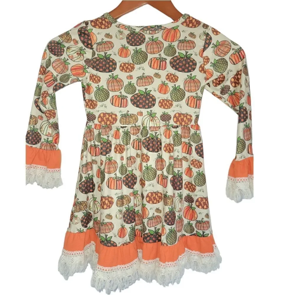 Girls Fall Pumpkin Thanksgiving Halloween Longsleeve Dress with Fringe Ruffle 3T